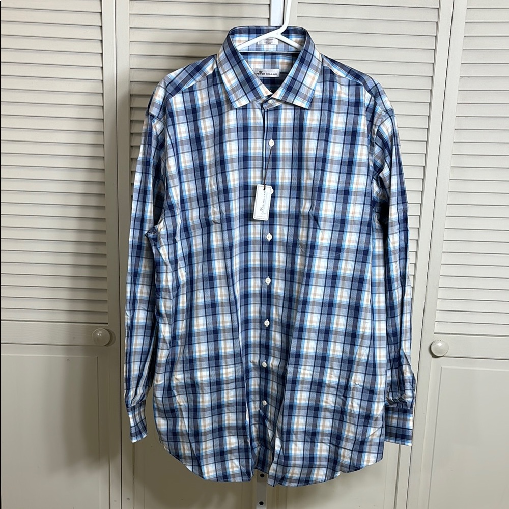 NWT Peter Millar Blue & Tan Plaid Men's Shirt XL